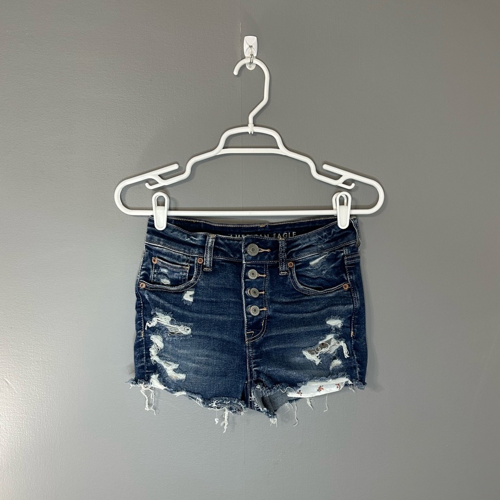 American Eagle Distressed button up under floral print Blue Denim Shorts